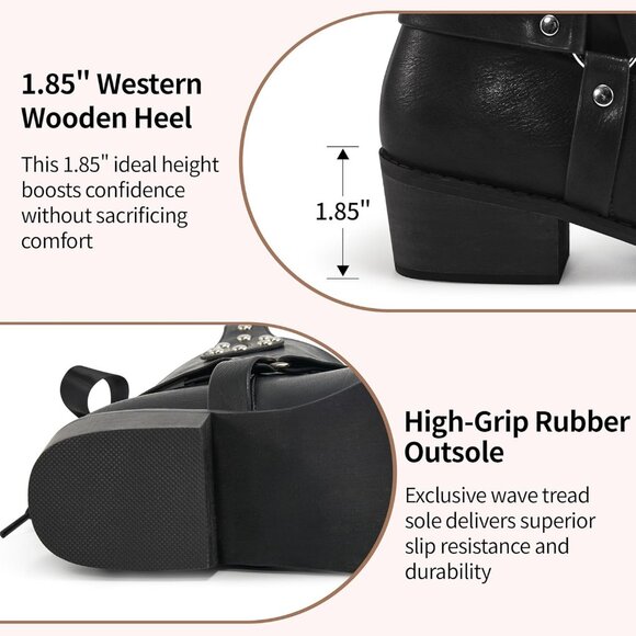 Women's Western Leather Mid Calf Fashion Chunky Cowgirl Pointed Toe Red Boot - Picture 5 of 7